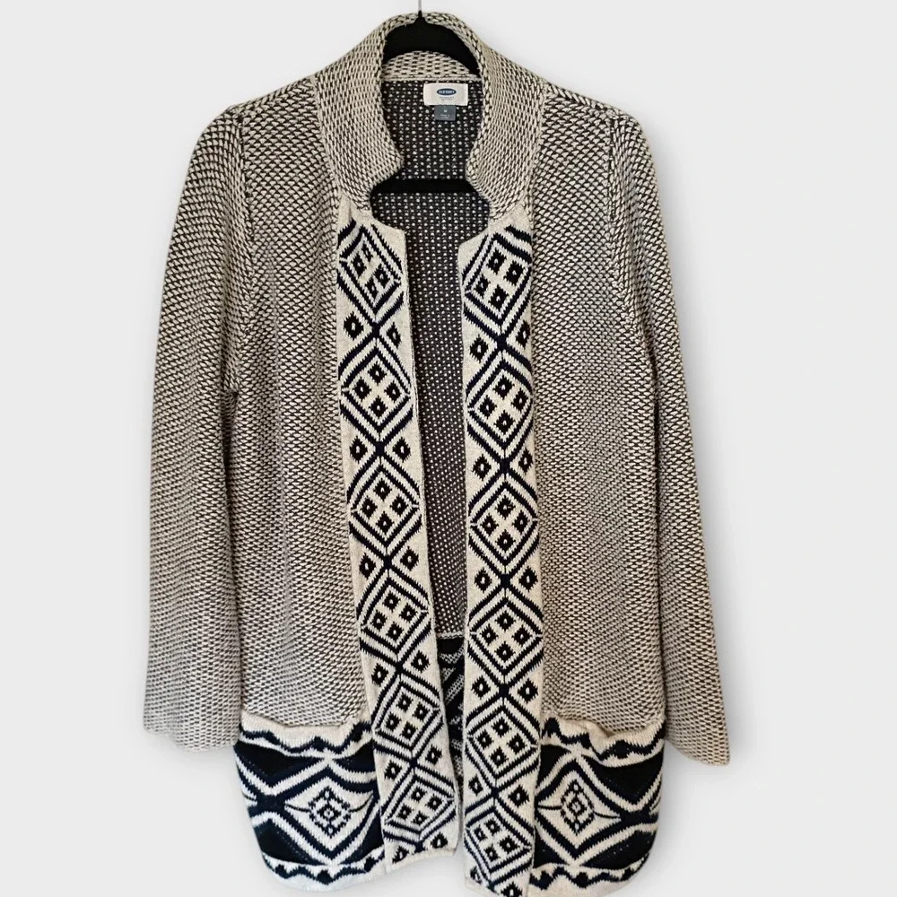 Old Navy Women's M‎ Open Front Cardigan Sweater Beige Black Aztec Print Knit